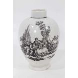 A Worcester tea caddy, circa 1770, printed by Robert Hancock with Lady Watering Garden and L'Amour,