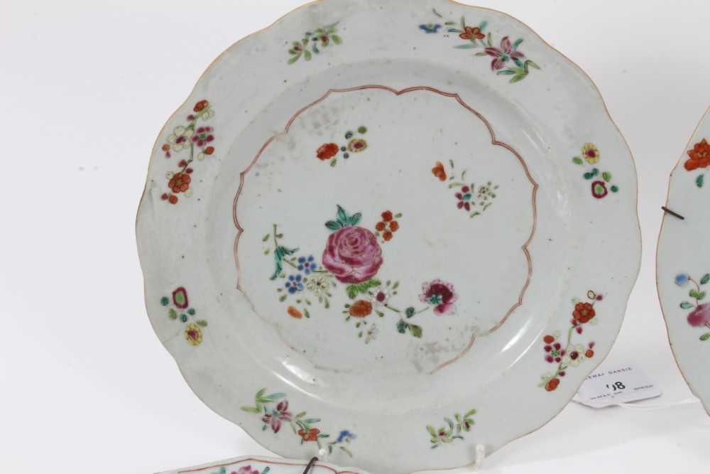 Six 18th century Chinese famille rose porcelain plates, each painted with flowers - Image 2 of 8