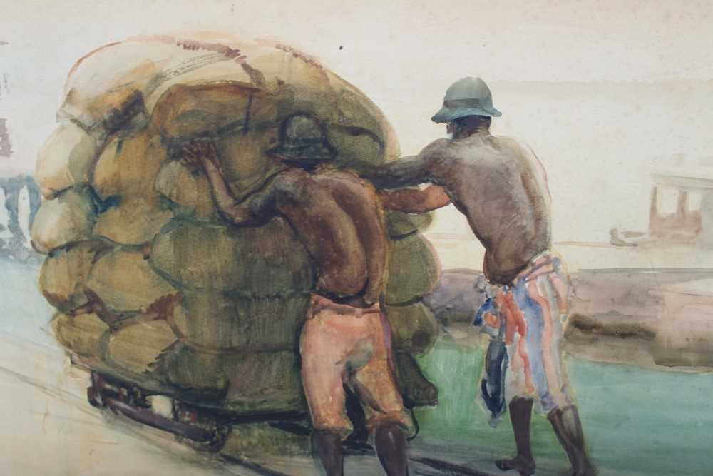 *Gerald Spencer Pryse (1882-1956) watercolour - ‘Loading Groundnuts on the wharf at Burutu’, titled - Image 3 of 7