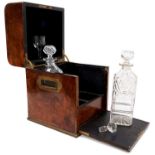 Fine quality Victorian burr walnut decanter box, with two glass decanters.