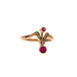 Art Nouveau green and red garnet ring