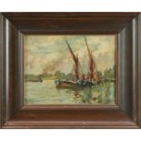 William Watt Milne (1865-1949) oil on board, barges on the river, signed.