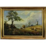 English School, late 19th century, oil on canvas - Harvest Landscape with a Windmill, in gilt frame