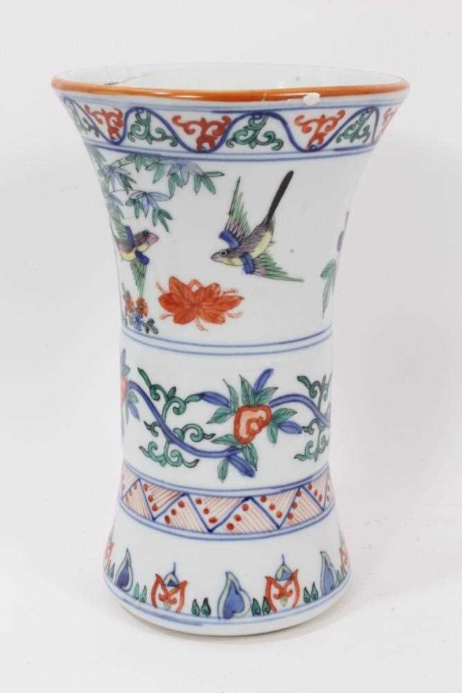 Chinese Gu vase, decorated in the Wucai style with bands of birds and flowers, six-character Wanli m - Image 2 of 7