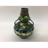 Art Nouveau Foley Ware "Intarsio" two handled double gourd shape vase decorated with geese and flowe