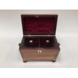William IV rosewood tea caddy, of sarcophagus form, with mother of pearl inlay, two division interio