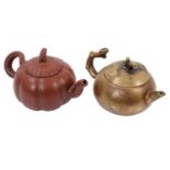 Chinese red ware teapot, together with a brass teapot