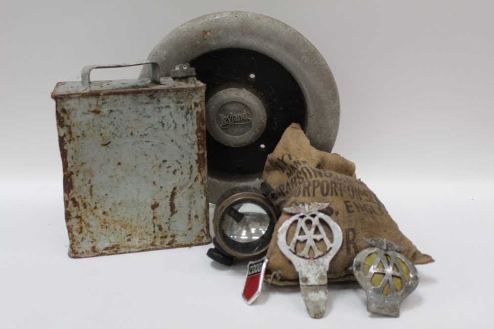 Collection of automobilia to include Two AA badges, Esso fuel can, Leyland commercial vehicle wheel