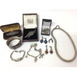 Victorian silver cuff bangle, silver necklace, silver and marcasite jewellery etc