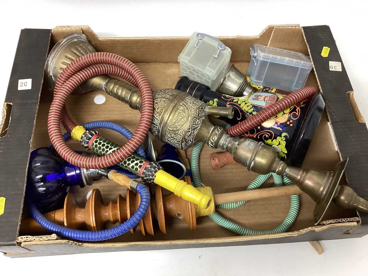 Two boxes of smoking pipes, including porcelain, wooden, and hookah