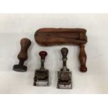 Old wooden rattle, possibly Policeman's, with a book slide, blotter, other desk items