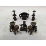 Chinese bronze censer, together with a Chinese bronze figure, a pair of Tibetan foo dog candlesticks