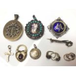 Group of antique and later locket pendants, brooches and two pairs of earrings