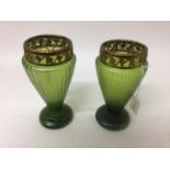 Two Art Nouveau Loetz style iridescent green glass rose vases with original gilt metal mounts