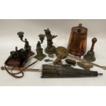 Various items including Japanese parasol, lead figures, binoculars, pocket watch, pen knife, novelty