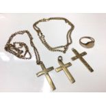Three 9ct gold cross pendants, two 9ct gold chains and 9ct gold signet ring