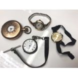 Two antique 18ct gold cased ladies wristwatches, Labrador silver cased Swiss fob watch on leather wa
