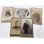 Group of five real photographic cabinet cards to including a macarbe Victorian photograph of a decea