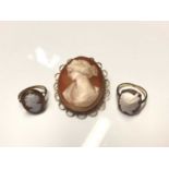 Carved shell oval cameo depicting a female bust in 9ct gold brooch setting and two 9ct gold cameo ri