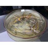 1920s/30s Verlys France amber glass dish, moulded with three geese and two fish, signed on, 35.5cm d