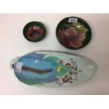 Two Moorcroft bowls and a Clarice Cliff leaf-shaped dish (3)
