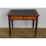 Victorian mahogany writing table with leather lined top and two drawers on turned legs, 91cm wide, 6