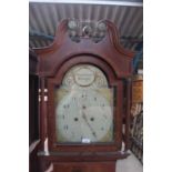 Georgian 8 day long case clock by Hedge & Bannister of Colchester with painted dial in inlaid oak