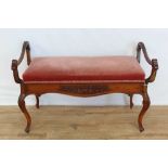 Early 20th century carved walnut framed duet piano stool with padded seat on cabriole legs, 96cm wid