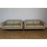 Pair of good quality Habitat Robin Day Forum two seater leather sofas with hardwood and chrome frame