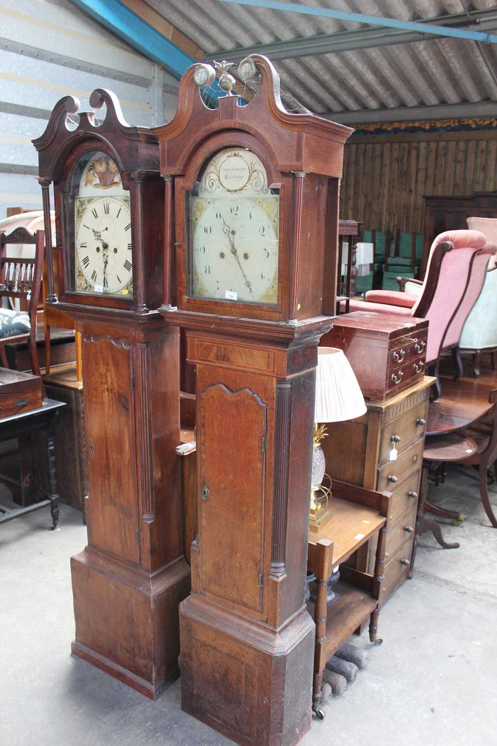 Georgian 8 day long case clock by Hedge & Bannister of Colchester with painted dial in inlaid oak - Image 2 of 5