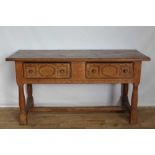 Solid oak sideboard with two drawers on turned legs joined by stretchers, 160cm wide, 60cm deep, 84c