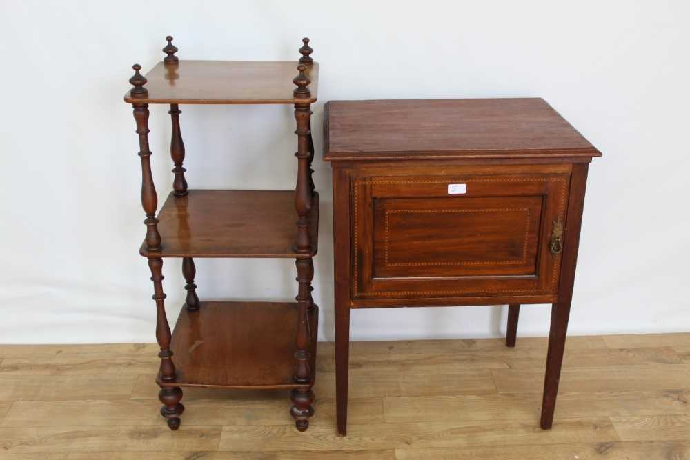 Victorian three tier whatnot with turned supports, 94cm high, together with an inlaid cabinet (2)