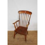 Antique beech high back spindle elbow chair on turned legs