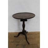 19th century mahogany wine table with circular top on bird cage support and tripod base, 50cm diamet