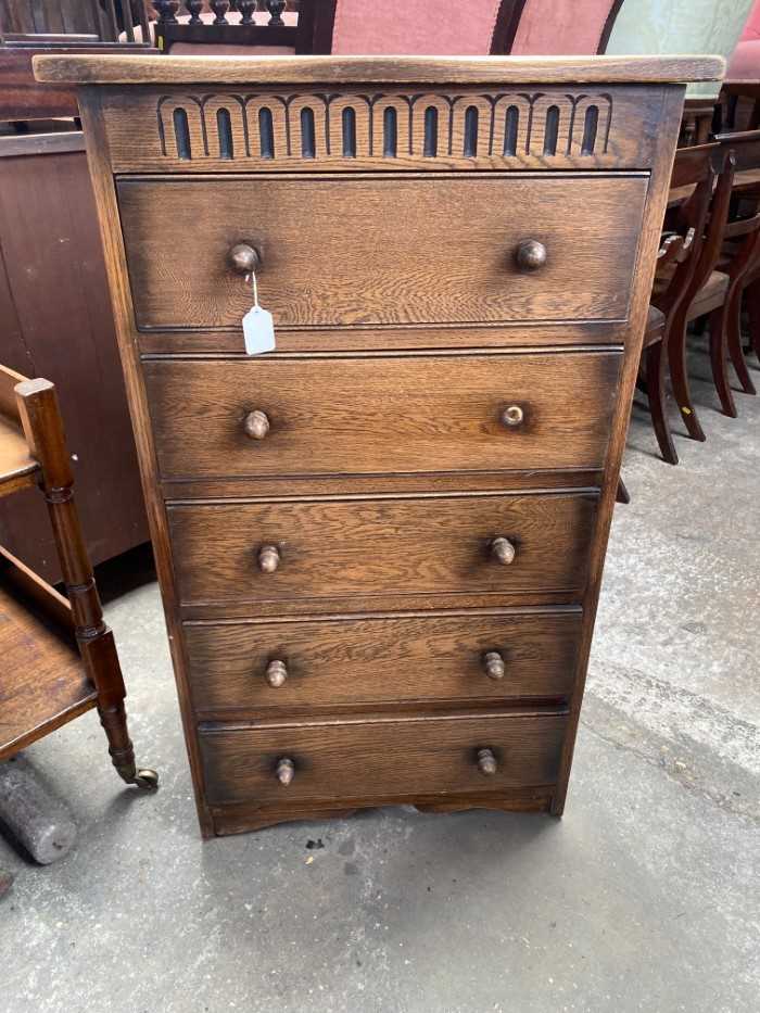 Narrow oak chest of five drawers, 61cm wide, 38cm deep, 104cm high - Image 9 of 10