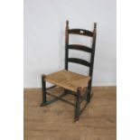 19th century painted ladder back rocking chair with rush seat