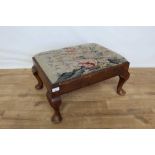 Mahogany framed stool with drop in tapestry seat on cabriole legs, 56cm wide, 41cm deep, 32cm high