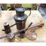 Small collection of antique copperware including hunting horn, Art & Crafts water carrier, lidded sa