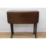 George II mahogany drop leaf table of small size standing on tapering legs with pad feet. The top an