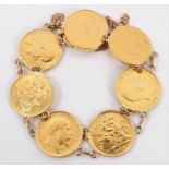 Gold bracelet set with seven half sovereigns