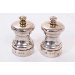 Pair contemporary silver salt and pepper mills of capstan form in original boxes