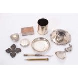 Victorian silver buckle , silver inkwell, heart-shaped pill box and other silver and plated items