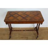 Mid Victorian rosewood and parquetry side table, rounded rectangular specimen wood inlaid top over r