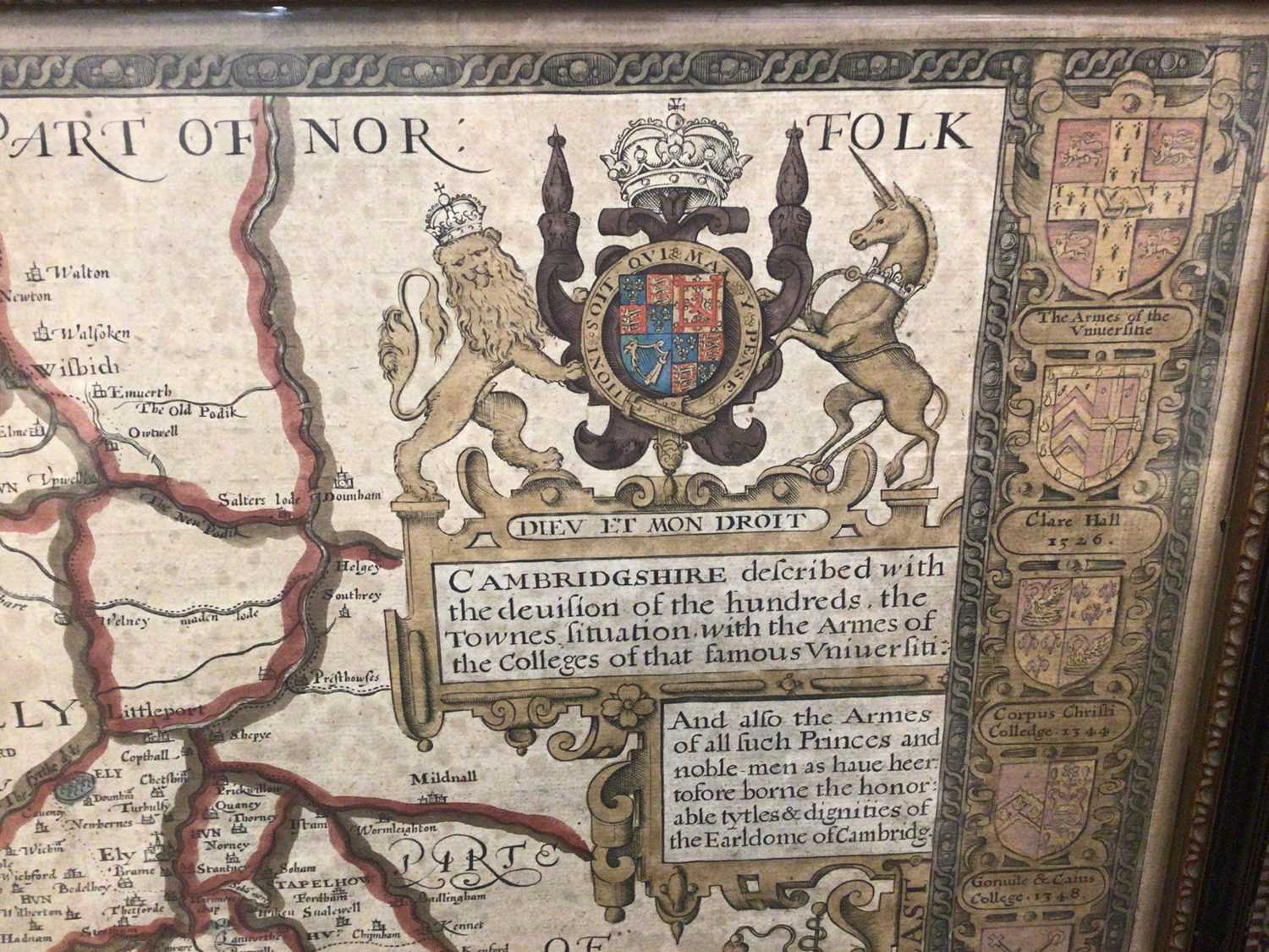 John Speede: 17th century hand-coloured engraved map of Cambridgeshire "Described With The - Image 4 of 10