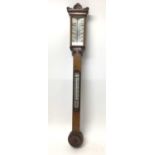 Victorian stick barometer with stencilled opaque glass dials in oak case 100cm high