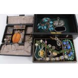 Two antique jewellery boxes containing a collection of antique and vintage jewellery and bijouterie