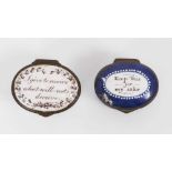 Two South Staffordshire enamel patch boxes with inscriptions, circa 1800