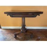 19th century rosewood card table on faceted column and trefoil base with fluted feet, 90cm wide