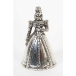 19th century Dutch silver table bell in the form of a lady in 17th century costume, 10.5cm in overal