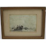 Thomas Lound (1802-1861) pencil drawing - figures on the beach with a cart, in glazed frame, 6cm x 9